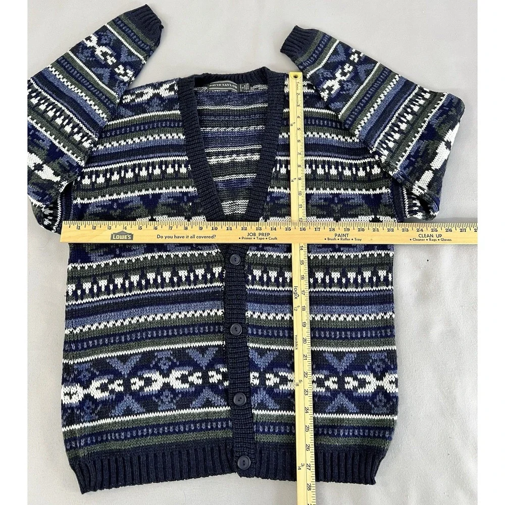 Vtg DAVID TAYLOR Cardigan Sweater Mens M Geometric Knit 90s Grandpa Acrylic‎ Y2K